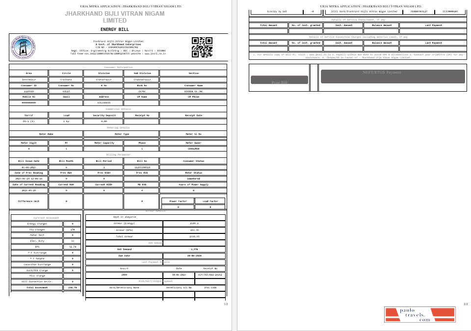 INDIA JHARKHAND BIJLI VITRAN NIGAM LTD. business utility bill Word and PDF template PSD template